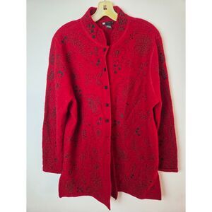 Carole Little Red w/ Black Floral Embroidery 100% Wool Duster Cardigan size XL